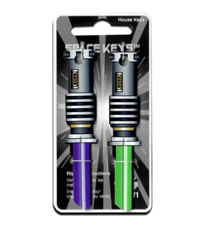 2 Green and Purple Light Saber Shaped Space Keys