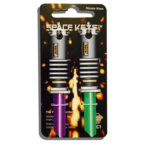 2 Green and Purple Light Saber Shaped Space Keys