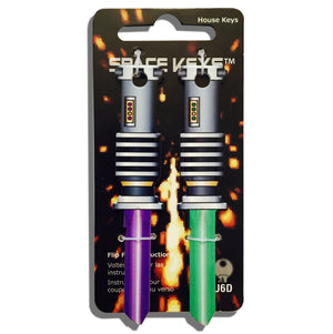 2 Green and Purple Light Saber Shaped Space Keys