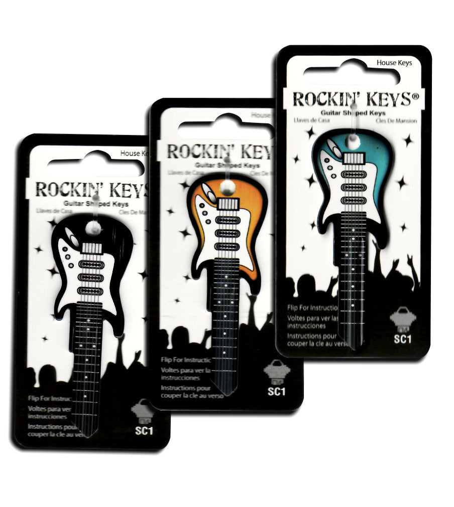 3 Electric Guitar Shaped Rockin' Keys - Black, Sunburst, Surf Green.