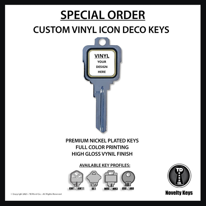 Special Order 100-500 Pcs. Nickel Plate Custom Vinyl Icon Deco Keys