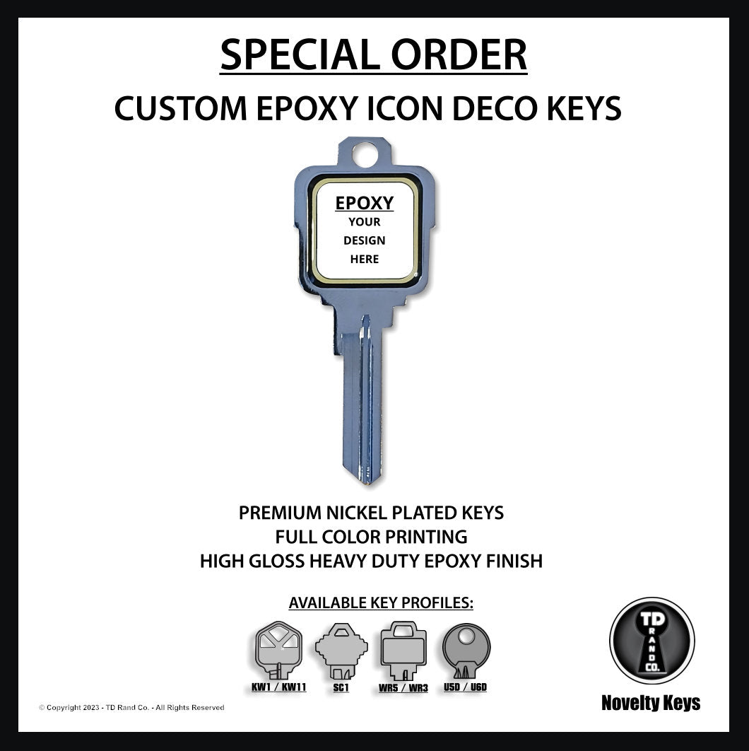 Special Order 40-500 Pcs. Nickel Plate Custom Epoxy Icon Deco Keys