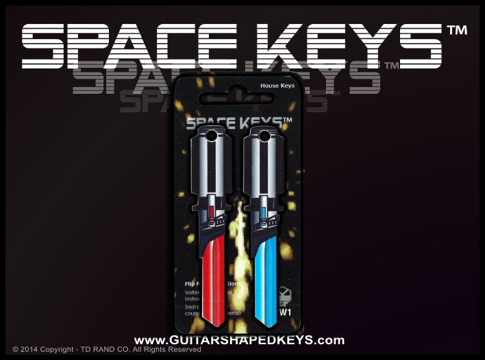 2 Red and Light Blue Light Saber Shaped Space Keys