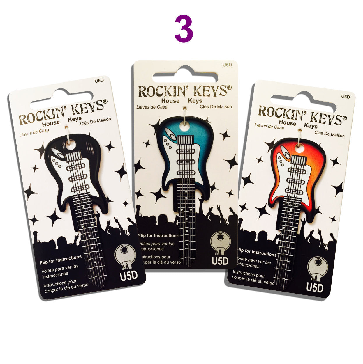 3 Electric Guitar Shaped Rockin' Keys - Black, Sunburst, Surf Green.