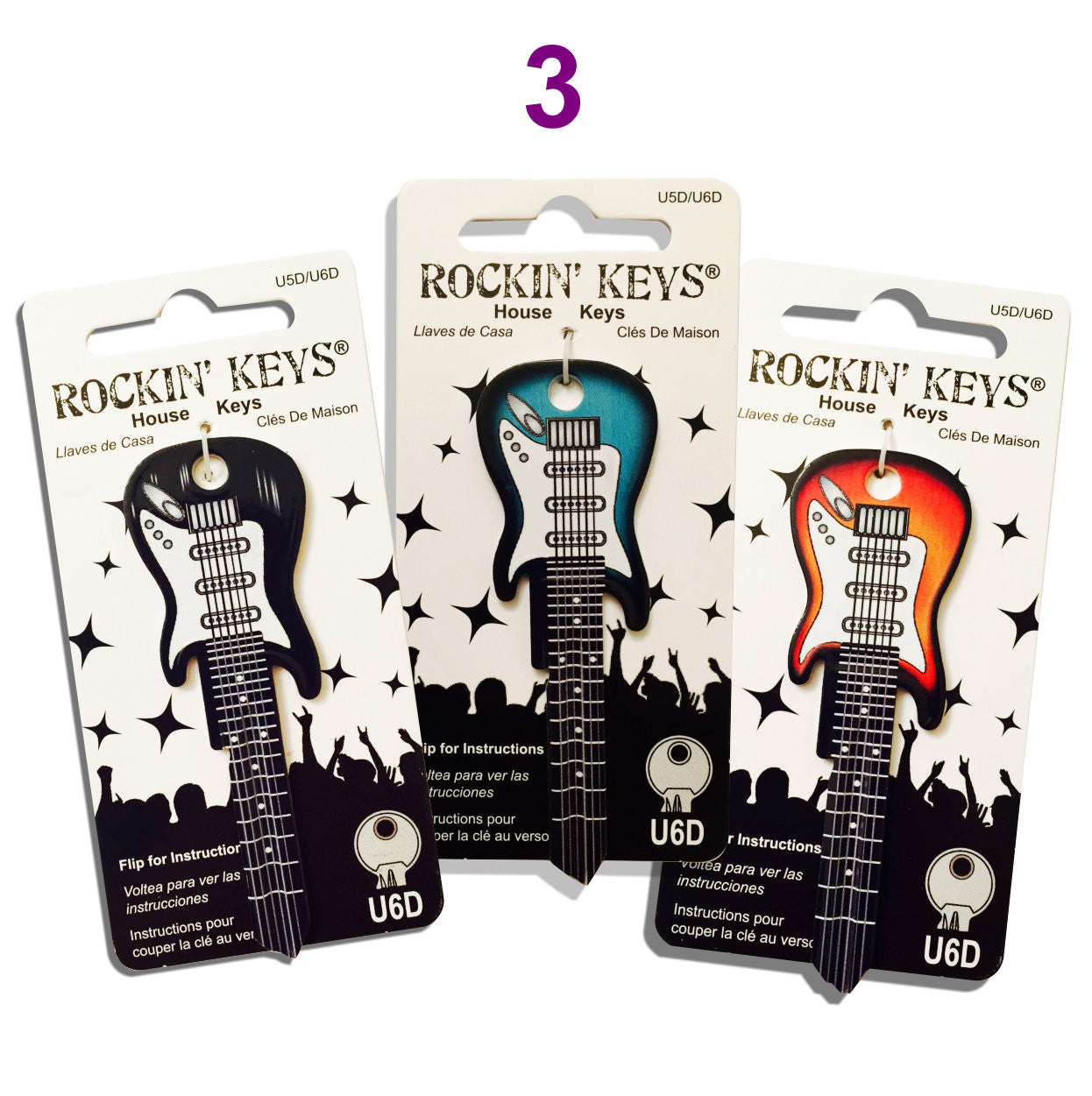 3 Electric Guitar Shaped Rockin' Keys - Black, Sunburst, Surf Green.