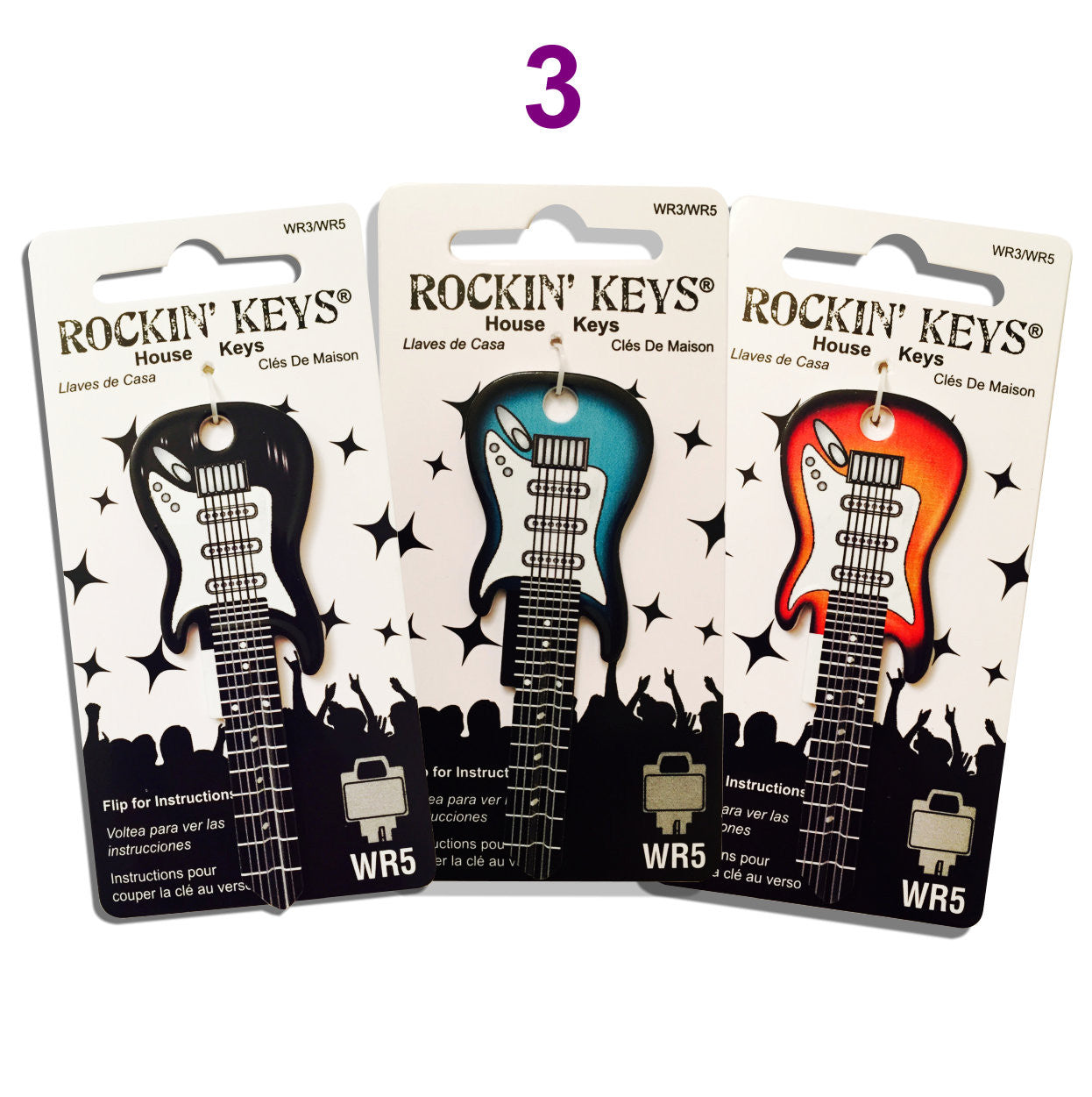 3 Electric Guitar Shaped Rockin' Keys - Black, Sunburst, Surf Green.
