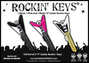 Set of (3) Flying "V" Guitar Shaped Rockin' Keys - Black - Pink - White