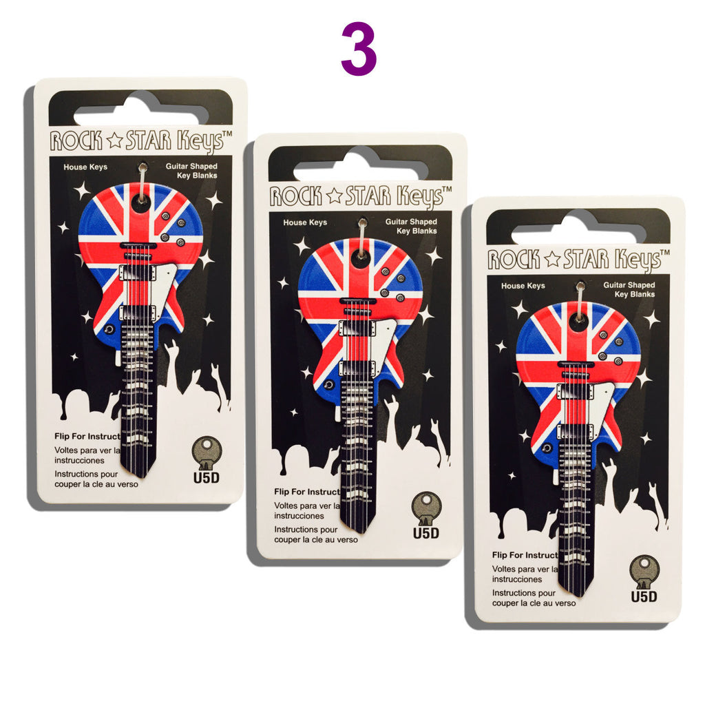 3 Union Jack LP Guitar Shaped Rock Star Keys - (EUROPE ONLY)