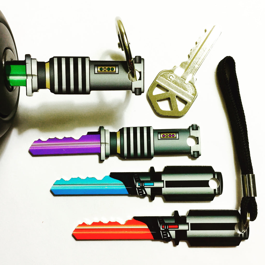 Full Set (4) Red, Purple, Green, and Blue Light Saber Shaped Space Keys!