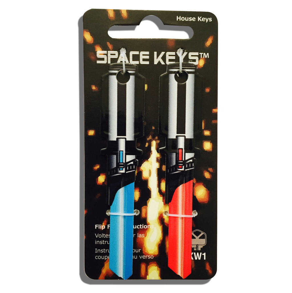 2 Red and Light Blue Light Saber Shaped Space Keys