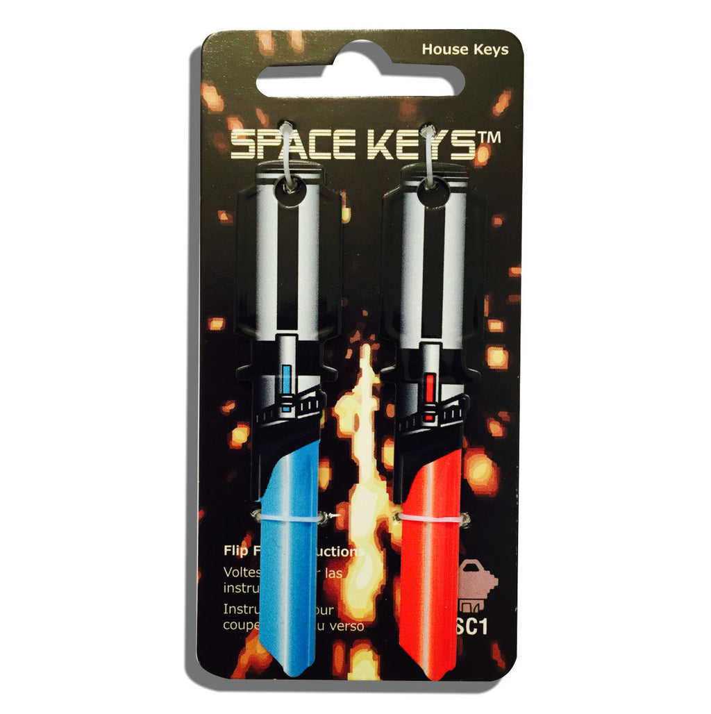 2 Red and Light Blue Light Saber Shaped Space Keys