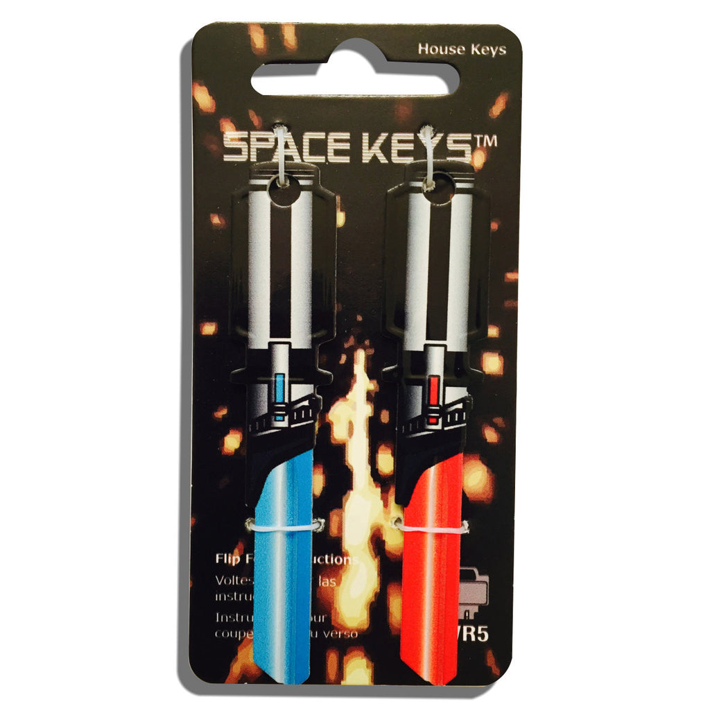 2 Red and Light Blue Light Saber Shaped Space Keys
