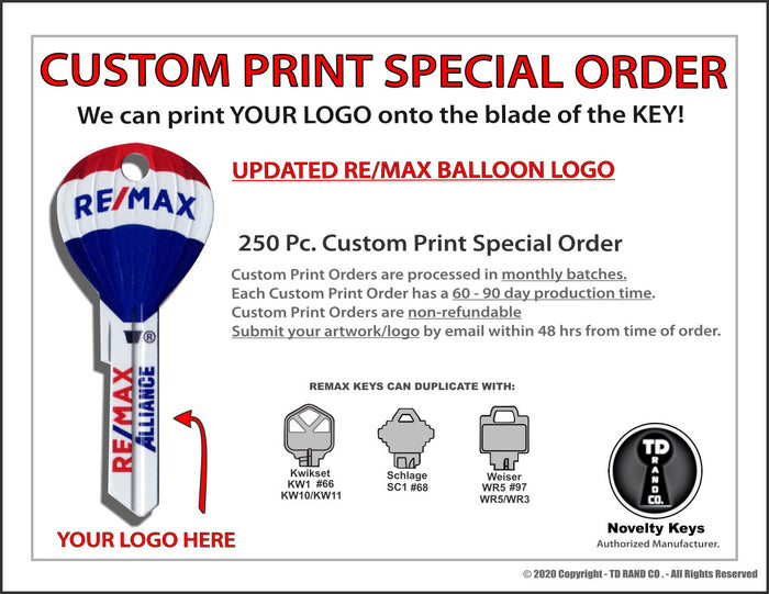 Special Order - 250 pcs. RE/MAX Hot Air Balloon Keys with Custom LOGO printing