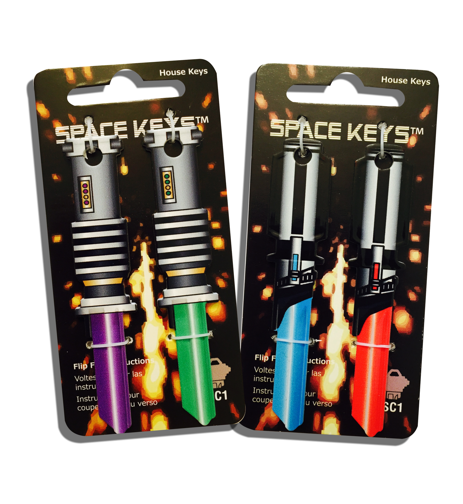 Set of Four Red and Light Blue Saber Shaped House Keys – Guitar Shaped Keys